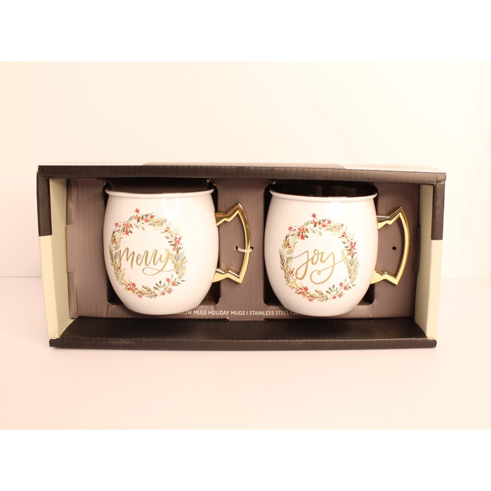 Cambridge Moscow Mule‎ Mug Set of 2 White Stainless, White Wreath, Christmas NIB